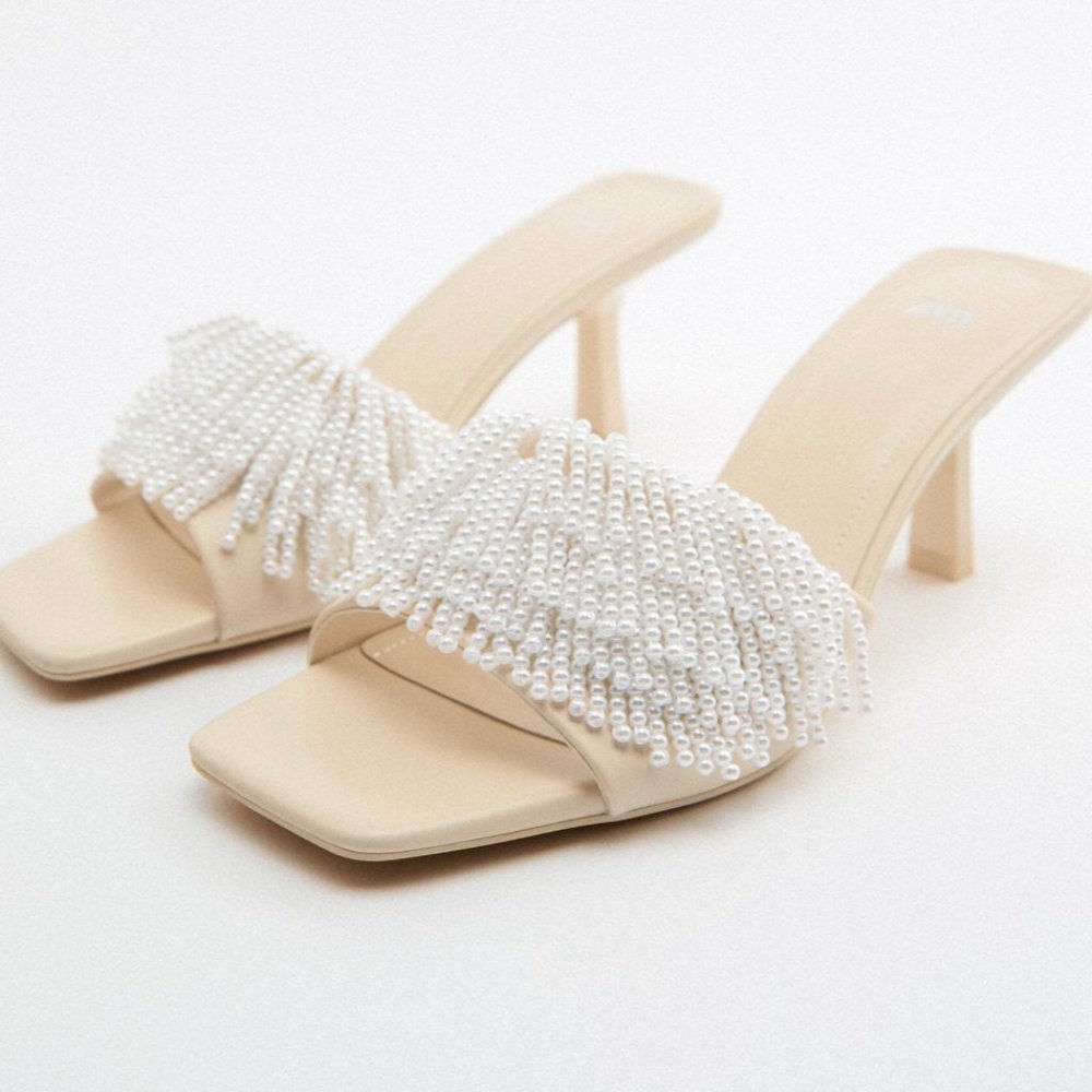 Zara HEELED PEARL MULES FAUX PEARL BEADS PINK BEIGE NUDE